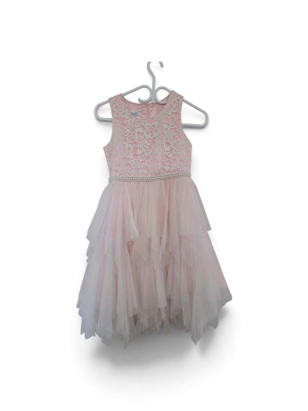 Girls' Pink Lace Bodice Tulle Party Dress with Jeweled Waist